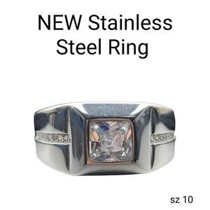 Men's Stainless Steel Ring with Square CZ Stone and Cz Embellishments on sides